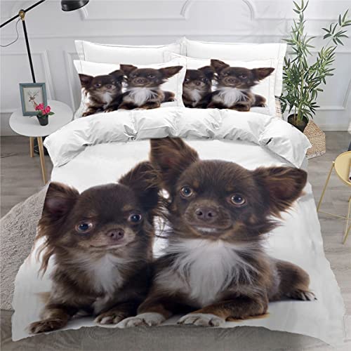 ZLKEJI Pet Hund Bettwäsche 155x220cm Kinder Jungen Mädchen, Zwei Chihuahua-Hunde Bettbezug Set Weiß Bettwäsche-Set 3D-Haustiermotiv Animal Puppy Betten Set,2 Kissenbezüge 80x80cm von ZLKEJI