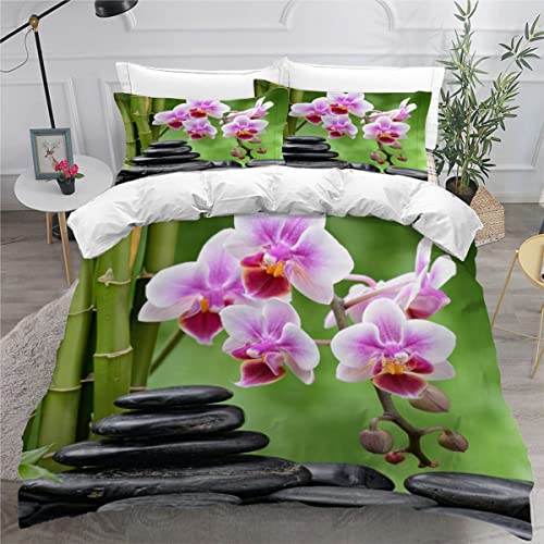 ZLKEJI Bettwäsche 200x200 cm Jugendliche Bettbezug Zen Orchideen Zen-Steine 3D Druck Schlafkomfort Weiche Bettwäsche Set 3 Teilig mit Reißverschluss Bettbezüge Atmungsaktive von ZLKEJI