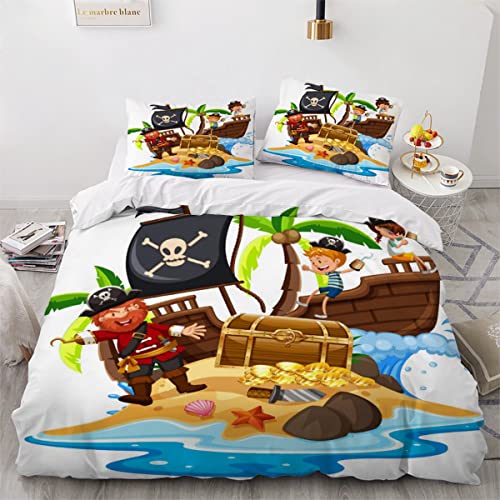 ZLKEJI Bettwäsche 220x240cm Pirat Und GlüCkliches Kind Bettbezug SetPiratenschiff Bettwäsche Set 3D Mikrofaser Reißverschluss Bettbezug und Kissenbezug 80x80cm Flauschige Weich von ZLKEJI