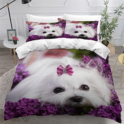 ZLKEJI Bettwäsche Set Maltesischer Hund Bettwäsche 135x200cm Tierisches Haustier Bettbezug Set Lustiges Tier 3D Bedruckte Betten Set für Kinder Jungen Mädchen Tier Thema Raumdekor Kuschelig von ZLKEJI