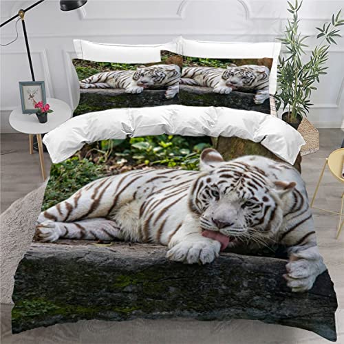 ZLKEJI Bettwäsche Set WeißEr Tiger Bettwäsche 135x200cm Wilde Tiere Bettbezug Set Lustiges Tier 3D Bedruckte Betten Set für Kinder Jungen Mädchen Tier Thema Raumdekor Kuschelig von ZLKEJI