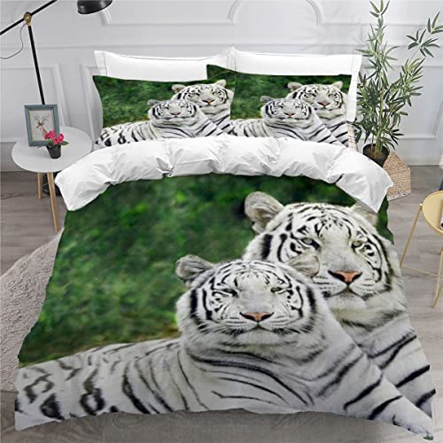 ZLKEJI Bettwäsche Set WeißEr Tiger Bettwäsche 200x200cm Waldtiger Bettbezug Set 3D Tier Thema Bettbezug für Jungen Mädchen Atmungsaktiv Mikrofaser Flauschige Weiche von ZLKEJI