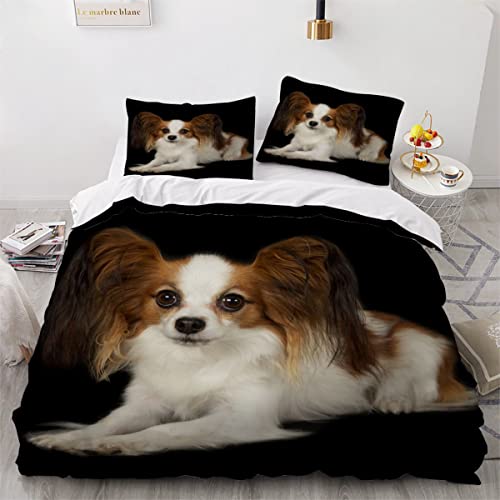 ZLKEJI Hunde Bettbezug 220x240cm Papillon Bettwäsche Chihuahua-Hund Betten Set 3D Nettes Haustier Welpe Bettbezug Set 3 Teilig Kissenbezug 80x80 Puppy Tiermuster Bettwäsche Set Mikrofaser von ZLKEJI