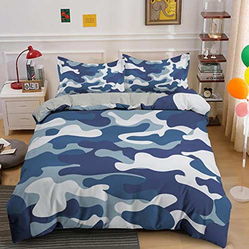 Bettbezug 135 X 200 Bettwäsche Set Blau-Weiße Camouflage-Graffiti Mikrofaser Bettwäsche + 2X Kissenbezug 80X80 cm - Weiche Flauschige Bettbezug Set, 3 Teilig von ZLLHAPPY