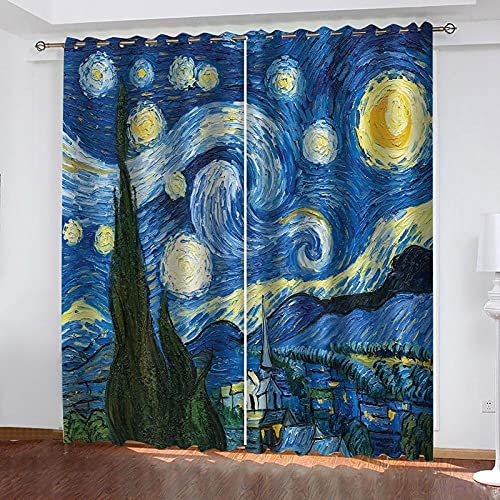Vorhänge Blcikdicht Gardinen Vorhang Van Gogh Sternenhimmel Vorhang 2Er-Set Gardinen Verdunkelungsvorhang Blickdicht - Eleganter Vorhang mit Ösen für Schlafzimmer,140x250cm von ZLLHAPPY