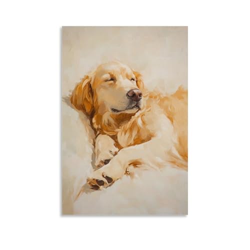 Ölgemälde eines Golden Retriever, der friedlich auf einem hellcremefarbenen Hintergrund liegt, weiches Fell mit zarten Pinselstrichen gemalt Wandkunst, Wandkunst, Wandbild, moderne Dekoration von ZLLJXFZZ
