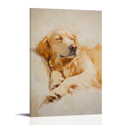 Ölgemälde eines Golden Retriever, der friedlich auf einem hellcremefarbenen Hintergrund liegt, weiches Fell mit zarten Pinselstrichen gemalt Wandkunst, Wandkunst, Wandbild, moderne Dekoration von ZLLJXFZZ