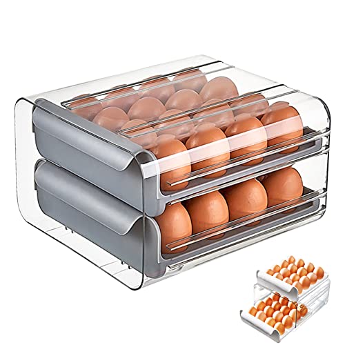 Eierbox, Kühlschrank Eier Aufbewahrungsbox, Schubladentyp Eierbehälter, Stapelbar Eieraufbewahrungsboxen für 32 Doppelschicht Hohe Kapazität(grau) von ZLLOO