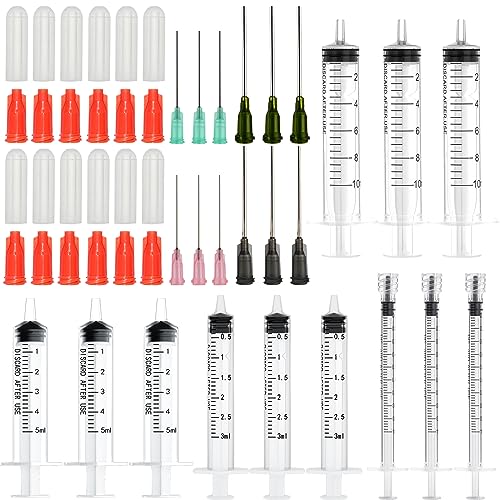 Spritzenset mit stumpfen Nadeln, 1ml, 3ml, 5ml, 10ml mit 14g, 16g, 18g, 20g stumpfen Nadeln und Spritzenkappe, wiederverwendbare Kunststoffspritze von ZLLOO