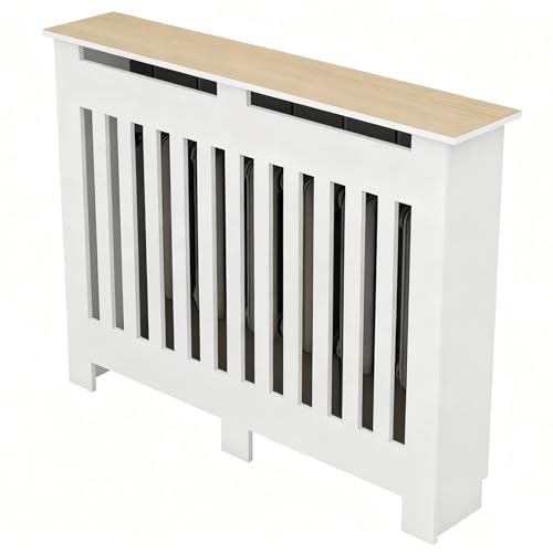 Heizkörperverkleidung mit Lamellendesign, Weiße Heizkörperverkleidungen mit Ablagebrett, für Wohnzimmer, Schlafzimmer, Büro(90x90x20cm/35.4x35.4x7.8in) von ZLLPIGLS