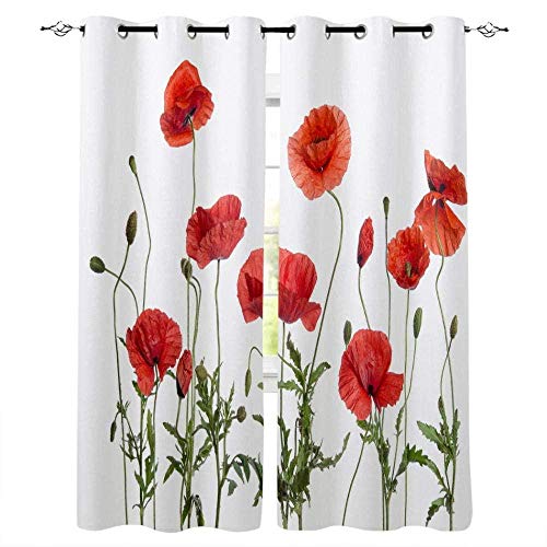 ZLLPRETTY 3D Digitaldruck Polyester Faservorhänge, Wohnzimmer Küche Schlafzimmer Verdunkelungsvorhänge, Perforierte Vorhänge 2-teiliges Set Rote Mohnblumen 280x250cm von ZLLPRETTY