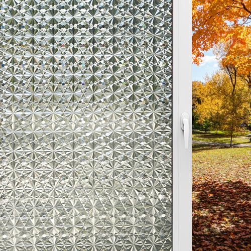 Fensterfolie Blickdicht Statisch Haftende Fensterfolie Zuschneidbare Wiederverwendbar Diamant-Muster Sichtschutzfolie Fenster Innen Selbstklebend für Wohnzimmer, Schlafzimmer, Küche von ZLLkeji
