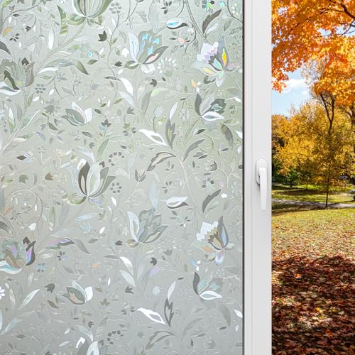 Fensterfolie Blickdicht Statisch Haftende Fensterfolie Zuschneidbare Wiederverwendbar Tulpen-Muster Sichtschutzfolie Fenster Innen Selbstklebend für Wohnzimmer, Schlafzimmer, Küche von ZLLkeji