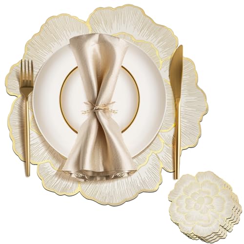 Tischsets 4er Set Platzsets Rund Gold Hitzebeständige 38cm Platzdeckchen Blumen Abwaschbar rutschfest Platzteller für Party Hochzeit Restaurant Weihnachtstag von ZLLkeji