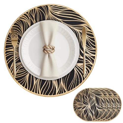 Tischsets 4er Set Platzsets Rund PVC Abwaschbar Hitzebeständige 38cm Blattmuste Platzdeckchen rutschfest Tischmatte Set für Party Hochzeit Restaurant Weihnachtstag Schwarz Gold von ZLLkeji
