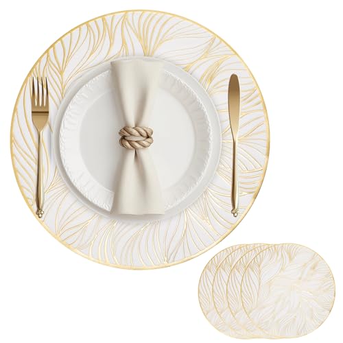 Tischsets 4er Set Platzsets Rund PVC Abwaschbar Hitzebeständige 38cm Blattmuste Platzdeckchen rutschfest Tischmatte Set für Party Hochzeit Restaurant Weihnachtstag (Weiß) von ZLLkeji