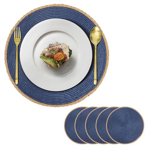Tischsets Abwaschbar Rund Platzsets Esstisch Set Von 6 Wasserdicht rutschfest Gewebte Platzsets Durchmesser 36 cm für Hause Küche Restaurant Und Hotel Blau von ZLLkeji