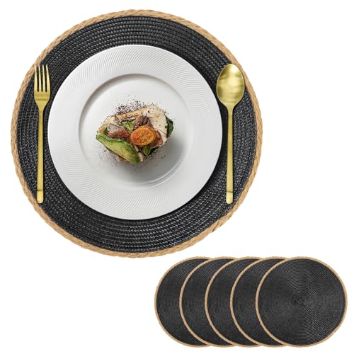 Tischsets Abwaschbar Rund Platzsets Esstisch Set Von 6 Wasserdicht rutschfest Gewebte Platzsets Durchmesser 36 cm für Hause Küche Restaurant Und Hotel Schwarz Tischsets Abwaschbar Rund Platzsets Esstisch Set Von 6 Wasserdicht rutschfest Gewebte Platzsets Durchmesser 36 cm für Hause Küche Restaurant Und Hotel Schwarz von ZLLkeji