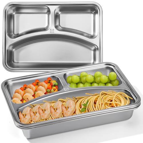 ZLLkeji Geteilte Teller Edelstahl Teller Unterteilt Unzerbrechlicher Wiederverwendbar Geteilter Speiseteller mit 3 Fächern Portionskontrolle Teller für Kinder und Erwachsene 4 Stück von ZLLkeji