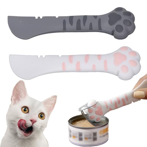 ZLXHDL Katzen Löffel Nassfutter, 2 Stück, Silikon Katzenfutterschaufel mit gebogenem Kopf, kraftsparender Dosenöffner für Zuhause & Reisen (Grau & Weiß) von ZLXHDL