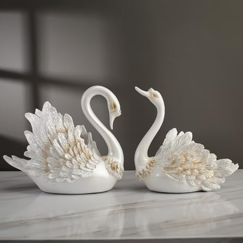 ZLXHDL Schwan-Ornamente Paar (Perlweiß) – Hochzeitstischdeko aus Kunstharz 23cm | Robuste Wohnzimmerdekoration mit Kristallstein von ZLXHDL
