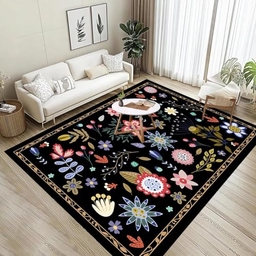 60x110cmTeppich Schwarz,Vintage Blumen Niedriger Flor Teppich,Boho Weich Waschbar Innenmatten füR Wohnzimmer Schlafzimmer KüChe Bauernhaus Teppichegegend 60x110cmTeppich Schwarz,Vintage Blumen Niedriger Flor Teppich,Boho Weich Waschbar Innenmatten füR Wohnzimmer Schlafzimmer KüChe Bauernhaus Teppichegegend von ZLXMN