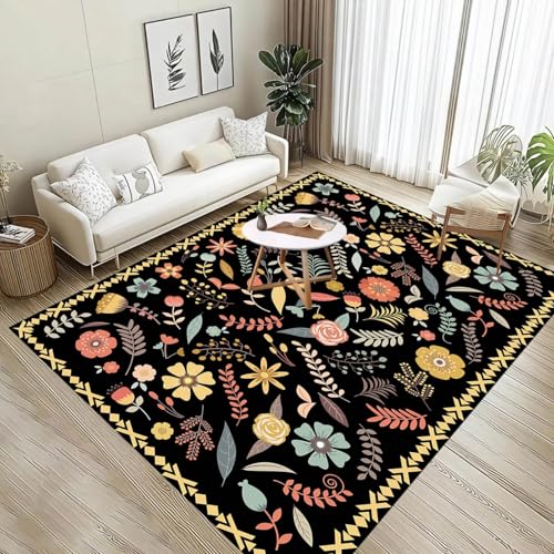 60x90cm Teppich Schwarz,Vintage Blumen Niedriger Flor Teppich,Boho Weich Waschbar Innenmatten füR Wohnzimmer Schlafzimmer KüChe Bauernhaus Teppichegegend von ZLXMN