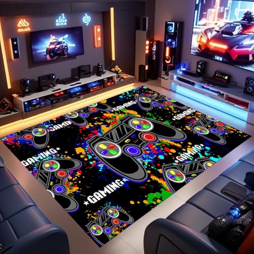 Gaming-Teppich füR Jungenzimmer 70x140cm Mehrfarbige Graffiti-Gamepad-Teppiche Teenager-Kinder-Bereichsteppich füR Spielzimmer Jungen-Schlafzimmer Extragroß Waschba Rutschfeste Teppichunterlagen von ZLXMN