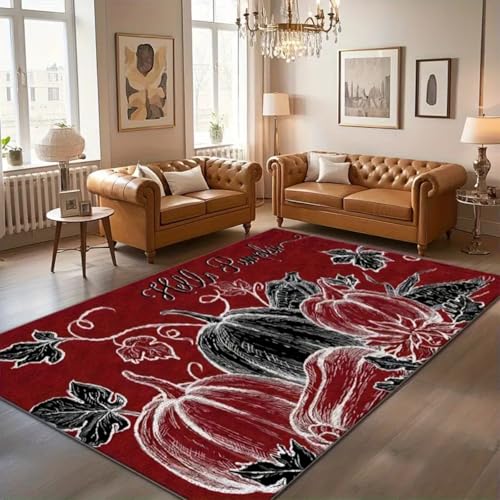 Schwarz-Roter HerbstküRbis-Teppich, 100x150cm,Herbstdekor, GroßFläChiger Teppichboden, rutschfest Langlebig Waschbar Wohnzimmer Nachtteppiche FüR Schlafzimmer Zimmer Eingangsbereich üBerwurfmatte von ZLXMN
