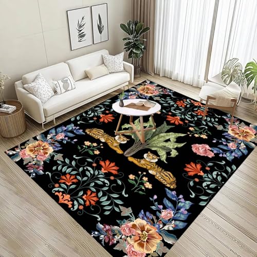 Teppich Schwarz 70x150cm Boho Kurzflor Blumen Dschungel Tiger Teppich Vintage Weich Und Waschbar FußMatten für Tepishwohnnzimmer Bettvorleger BüRo Matte Teppich Schwarz 70x150cm Boho Kurzflor Blumen Dschungel Tiger Teppich Vintage Weich Und Waschbar FußMatten für Tepishwohnnzimmer Bettvorleger BüRo Matte von ZLXMN