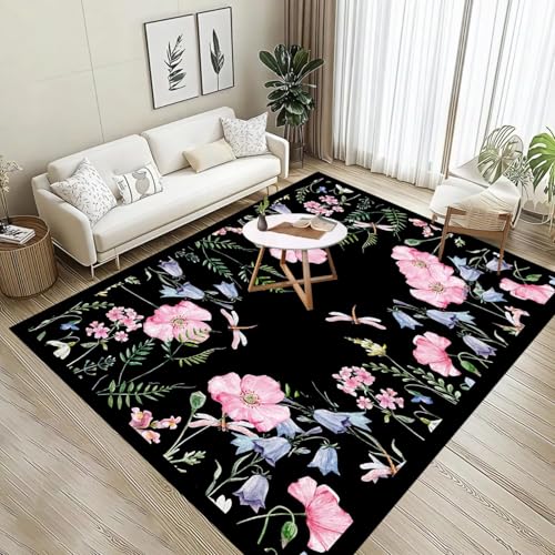 Teppich Wohnzimmer 120x180cm Waschbarer Rosa Insekt Blumen Kurzflor Teppich Weich rutschfest Schwarz FläChenteppich füR Schlafzimmer Esszimmer Innenmatten von ZLXMN