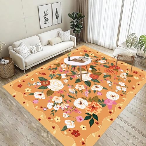 Waschbarer Wohnzimmerteppich Orange, 180x300cm,Boho Blumen Kurzflor Teppich rutschfest Weiche Groß Vintage Innenmatten füR Schlafzimmer Esszimmer Gepolsterte KüChenmatte von ZLXMN