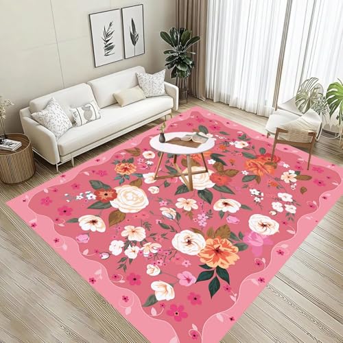 Waschbarer Wohnzimmerteppich Rosa, 180x230cm,Boho Blumen Kurzflor Teppich rutschfest Weiche Groß Vintage Innenmatten füR Schlafzimmer Esszimmer Gepolsterte KüChenmatte von ZLXMN