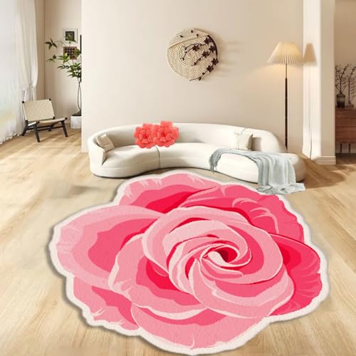 ZLXMN 120cm Teppich in Rosenblütenform rosa Blumenteppiche große maschinenwaschbare runde Badematte für Wohnzimmer Badezimmer Mädchenzimmer Dekoration weich zottelig langlebig und rutschfest von ZLXMN