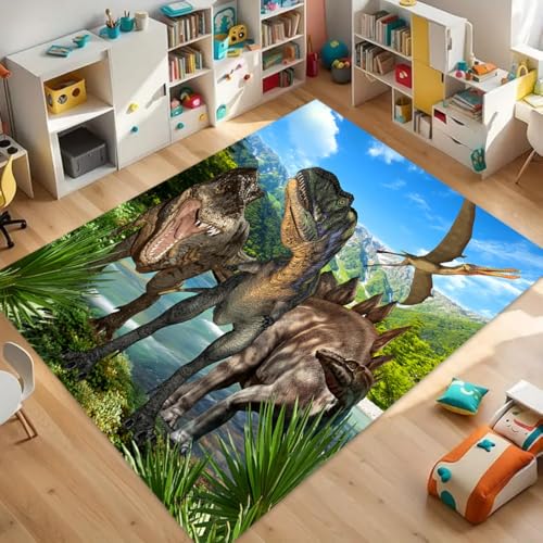 ZLXMN 3D Dinosaurier Spielmatte füR Jungenzimmer, 70x140cm Outdoor Waldtierdruck, Dinosaurier Teppich, Weich Atmungsaktiv rutschfest Spielteppich füR Wohnzimmer, Spielzimmer, Waschbare Matte von ZLXMN
