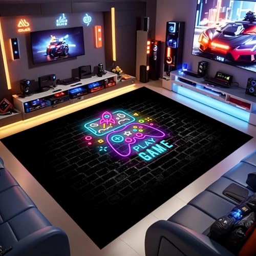 ZLXMN 3D-Gamer-Schlafzimmerteppiche 70x140cm Schwarze Wand Neon-Design Spielspiel Gamepad Gaming-Teppich Innendekoration waschbarer Kinderteppich für Spielzimmer Wohnzimmer rutschfeste Fußmatten von ZLXMN