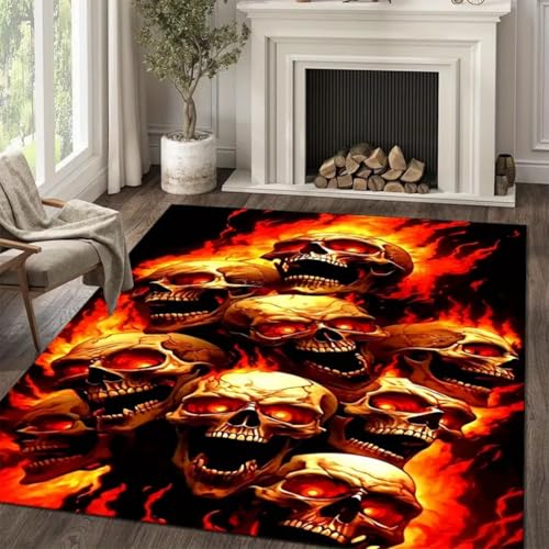 ZLXMN 3D-Totenkopf-Teppiche 180x300cm Halloween-Wohnzimmer-Schlafzimmer-Dekoration Flammen-Totenkopf-Teppich Waschbare rutschfeste Pads Moderne KüChen Esszimmer-Innenmatten füR Die HintertüR von ZLXMN