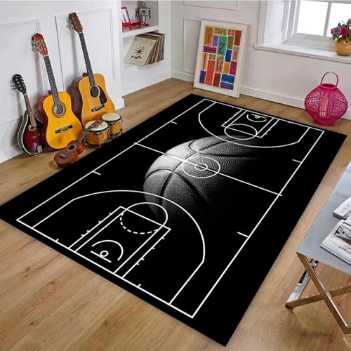 ZLXMN 60x110cm Basketballplatz-Teppiche, Schwarzem Basketballplatz-Muster Waschbarer Teppich,LichtbestäNdiger Dekorativer Sportteppich füR Wohnzimmer Schlafzimmer Spielzimmer von ZLXMN