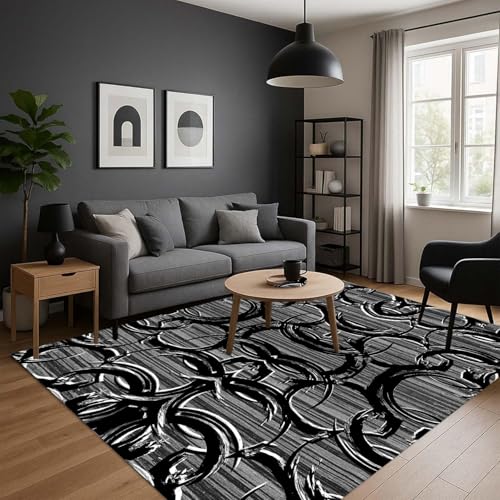ZLXMN 60x110cm Teppich füR Wohnzimmer Abstraktes Schwarzes üBerlappendes Kreismuster Geometrischer Teppich, Langlebig Weich rutschfest füR Innenbereich HintertüReingang GroßE FußMatte von ZLXMN