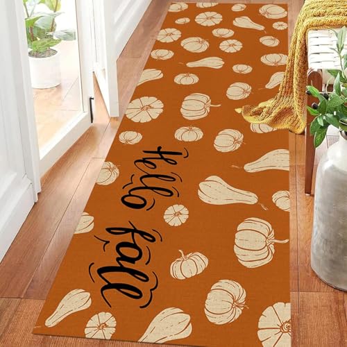 ZLXMN 60x240cm Hallo Fallen KüRbis-LäUferteppiche füR Flur rutschfest Orangefarbene Ernte Waschbarer Eingangsbereich Herbst-Erntedankfest Langer Flur KüChe Schlafzimmer Kurzflorige Teppiche von ZLXMN