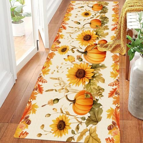 ZLXMN 60x300cm LäUferteppich füR Flur Mit Herbstlichen EukalyptusbläTtern, Orange-Gelb Waschbar Sonnenblumen-KüRbis-LäUferteppiche füR KüChe Flur rutschfeste Lange FußMatt von ZLXMN