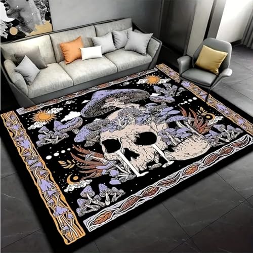 ZLXMN 60x90cm Totenkopf-Teppich Mit Sonne- Und Mond-Pilz-Muster Gothic-Heimdekor Innenbereich Halloween Wohnzimmer Rutschfester Weicher Teppich Nachttisch füR Schlafzimmer GroßE FußMatte von ZLXMN