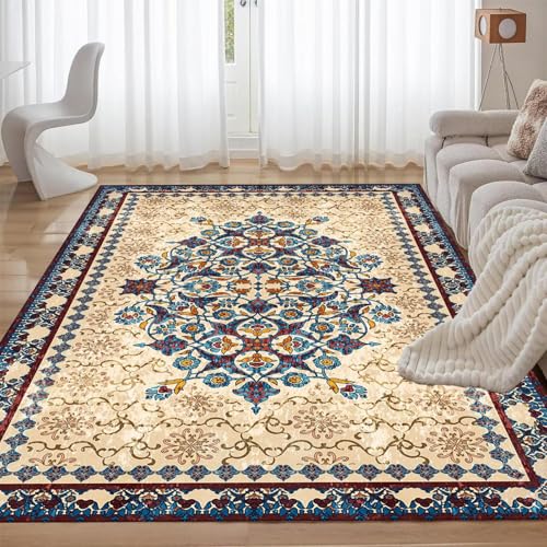 ZLXMN 70x140cm Traditioneller Beiger Teppich Waschbar Groß Vintage Orientalischer Teppich Klassisches Design Kurzflor rutschfest Matte füR Wohnzimmer Schlafzimmer von ZLXMN
