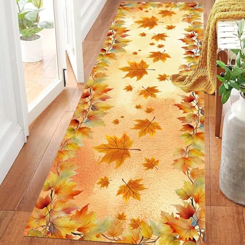ZLXMN 80x300cm Langer Flur LäUferteppich Mit Herbstlichem Fallen Ahornblatt,rutschfeste Orangefarbene Lange FußMatten Innen Waschbar KüChenteppichläUfer, Langlebiger Herbst Teppich füR Flur von ZLXMN