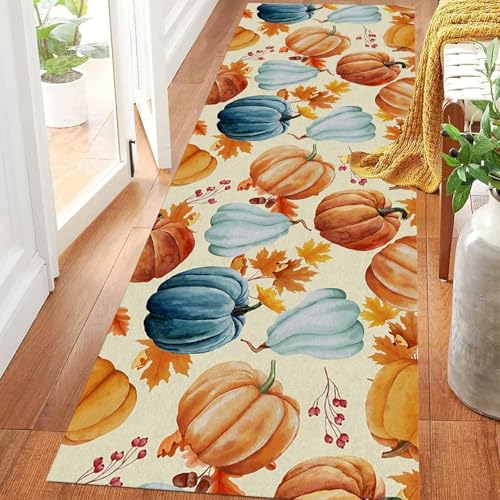 ZLXMN Ahornblatt Langer Flurteppich, 60x150cm,rutschfest süßes orange-blaues Kürbismuster waschbare Küchenmatte,weicher kurzfloriger Thanksgiving-Herbstmotiv Flurläufe für Schlafzimmer von ZLXMN