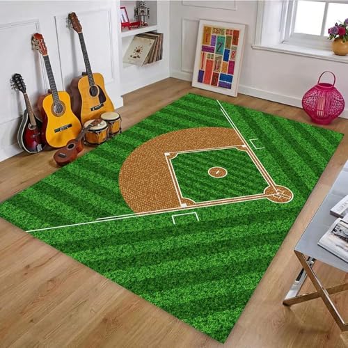 ZLXMN Baseballfeld-Teppich,100x150cm, Stadion-Sportthema Baseballspiel-Teppiche, GrüNer Sportfeld-Wohnzimmerteppich füR Jungenschlafzimmer, Waschbare, rutschfeste, Weiche Teppiche von ZLXMN