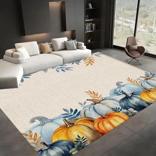 ZLXMN Blau-Orangefarbener KüRbisteppich, 140x200cm,Herbst-EukalyptusbläTter Teppiche, Kurzflorige Atmungsaktive Waschbare Thanksgiving-Dekor-Innenmatte füR Schlafzimmer Wohnzimmer Herbst FußMatte von ZLXMN