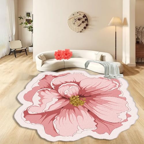 ZLXMN Blumenförmiger Teppich 180cm rosa Kamelien-Teppich faltbar ohne Falten Flauschige Flächenteppich aus Kunstwolle für Wohnzimmer Schlafzimmer Badezimmer runde Badematte Rutschfester Pad von ZLXMN