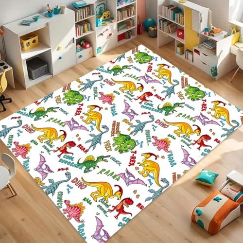 ZLXMN Bunter Dinosaurier-Teppich,70x140cm Cooler Dinosaurier-Teppich Mit BrüLlendem T-Rex, UltradüNne, Weiche Bodenmatten Mit Tiermuster füR Das Vorschul- und Spielzimmer Im Klassenzimmer von ZLXMN