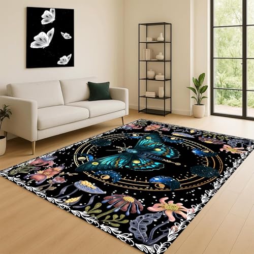 ZLXMN Extra GroßEr Wohnzimmer-Teppich Mit Mondmotte,180x230cm,Boho-Blumenmuster Schwarz rutschfest Waschbar Nachttischvorleger FüR Schlafzimmer Eingangsmatten füR Die HintertüR von ZLXMN